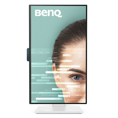 Écran BenQ avec un fond d'écran montrant un visage humain stylisé et des éléments graphiques abstraits. L'écran est monté sur un pied blanc minimaliste.