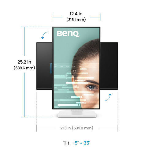 Écran BenQ affichant les dimensions de l'appareil : une hauteur de 25,2 pouces, une largeur de 21,3 pouces et une largeur de l'écran de 12,4 pouces, avec une inclinaison réglable de -5° à 35°.