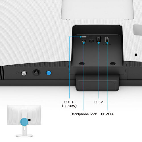 L'arrière de cet écran présente une connectique comprenant un port USB-C, une prise jack pour casque et des ports HDMI et DisplayPort.