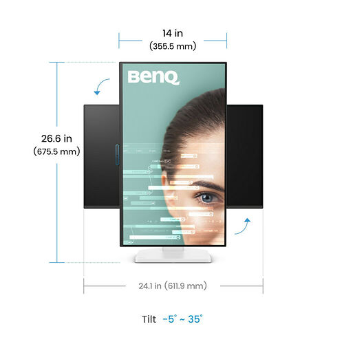 Écran BenQ affichant les dimensions de l'appareil : une hauteur de 26,6 pouces, une largeur de 24,1 pouces et une largeur de l'écran de 14 pouces, avec une inclinaison réglable de -5° à 35°.