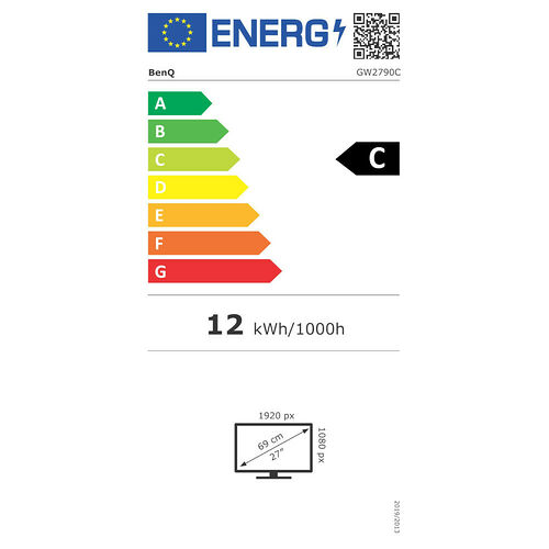 Étiquette d'efficacité énergétique pour un écran BenQ, classé en catégorie C avec une consommation de 12 kWh/1000h. L'écran affiche une résolution de 1920 px par 1080 px pour une diagonale de 27 pouces.