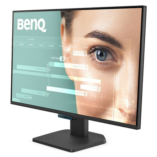 Écran BenQ affichant un gros plan d'un œil humain avec des interfaces numériques superposées. L'écran est monté sur un pied noir robuste.
