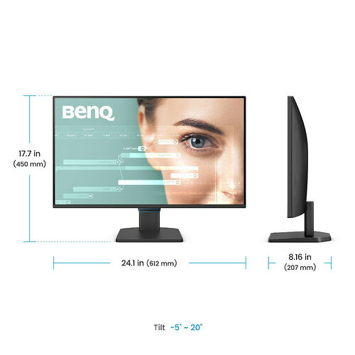 Écran BenQ affichant une image de visage, présenté de face et de profil avec ses dimensions (largeur 612 mm, hauteur 450 mm) et sa capacité d'inclinaison de -5° à 20°.