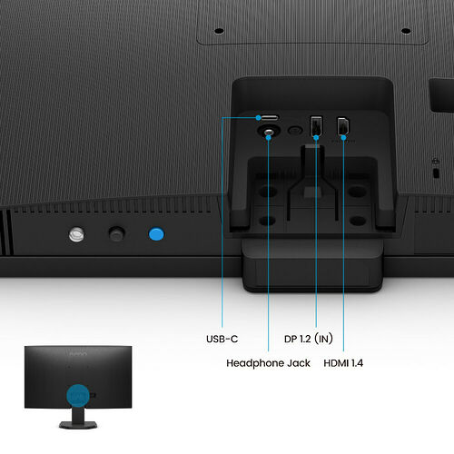 Vue de l'arrière d'un écran avec ses connectiques : un port USB-C, un port DisplayPort 1.2, un port HDMI 1.4 et une prise jack pour casque.