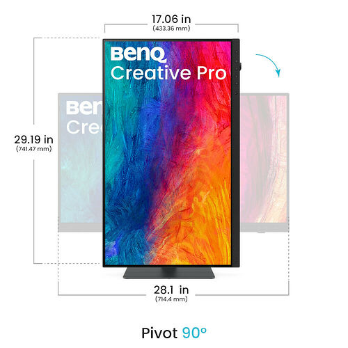 Écran BenQ Creative Pro affichant une image colorée, présenté en mode portrait avec une fonction pivot à 90°. Les dimensions de l'écran sont indiquées en pouces et en millimètres.