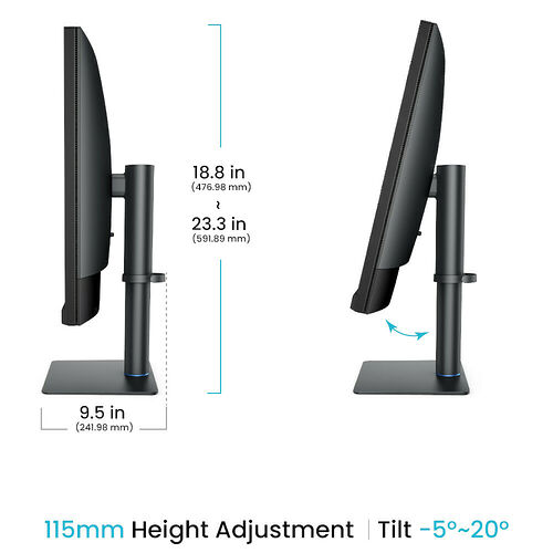 Schéma technique montrant les dimensions et les réglages d'un écran de PC, incluant l'ajustement de la hauteur de 115 mm et l'inclinaison de -5° à 20°.