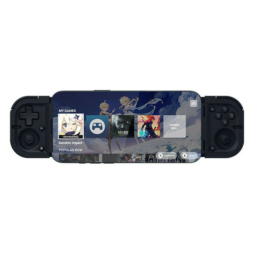 Console de jeux portable noire avec écran affichant une interface de sélection de jeux, incluant Genshin Impact. La console possède des manettes intégrées sur les côtés.