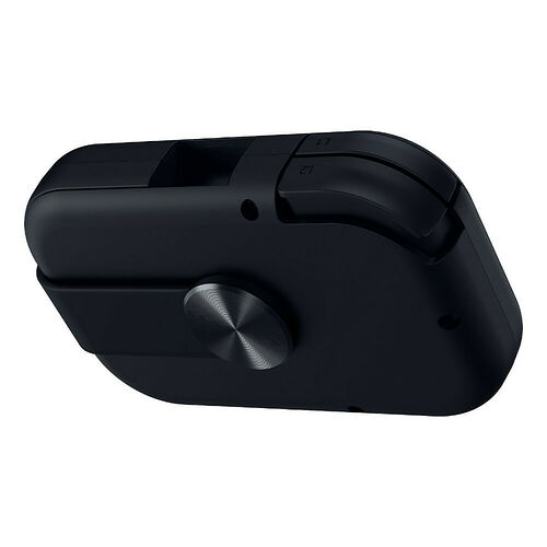 Manette de jeu noire avec boutons L2 et L1 visibles sur le dessus et une molette de réglage centrale.