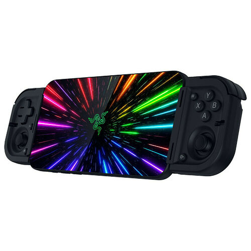 Manette de jeu noire pour smartphone avec un écran affichant des traînées lumineuses colorées et le logo Razer.