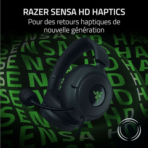 Casque Razer équipé de la technologie Sensa HD Haptics pour des retours haptiques, de couleur noire avec le logo Razer en vert.