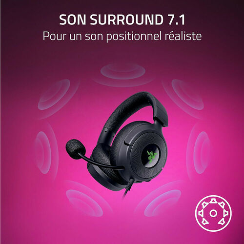 Casque gaming Razer avec micro intégré, mettant en avant le son surround 7.1 pour une expérience sonore positionnelle.