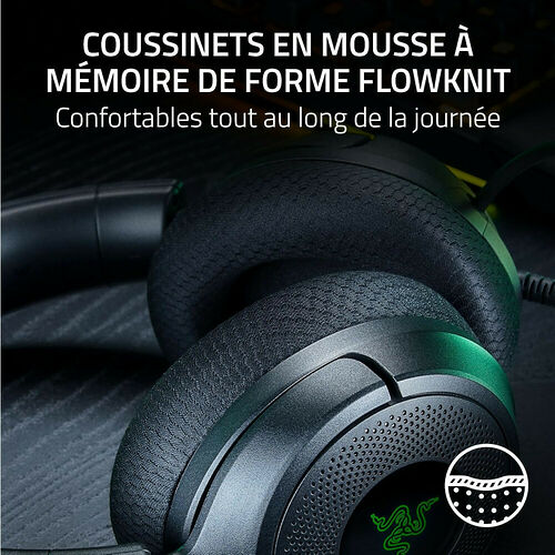 Casque Razer avec des coussinets en mousse à mémoire de forme revêtus de tissu FlowKnit pour un confort durable.