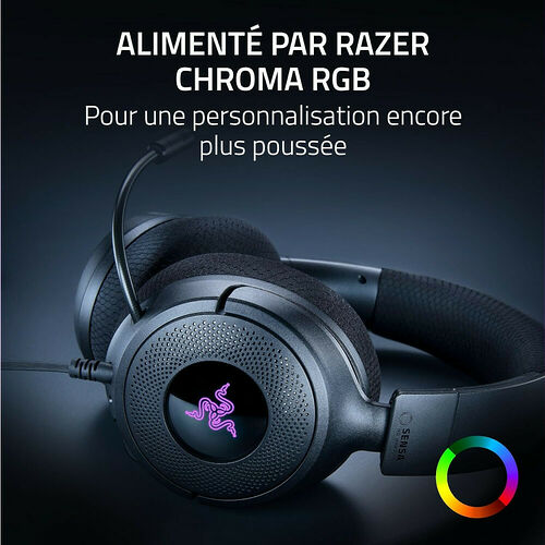 Casque Razer avec éclairage Chroma RGB personnalisable, présenté sur un fond sombre.