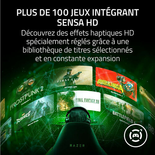 Publicité pour la technologie SENSA HD de Razer, présentant une sélection de jeux vidéo comme Frostpunk 2, Borderlands 4 et Final Fantasy XVI pour une expérience haptique HD.