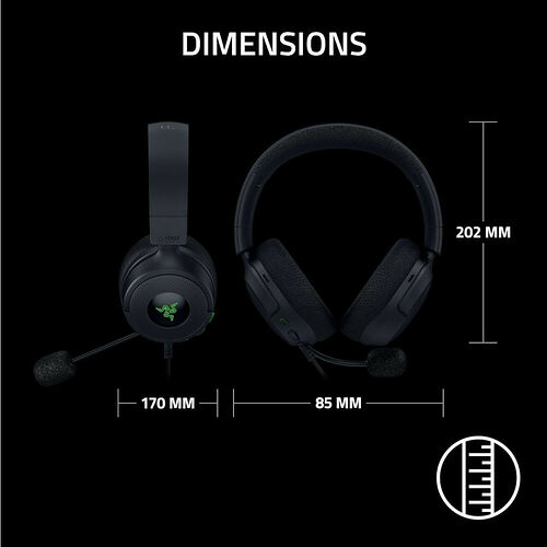 Schéma des dimensions d'un casque Razer, affichant une hauteur de 202 mm, une largeur de 170 mm et une profondeur de 85 mm.