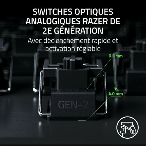 Présentation des switches optiques analogiques Razer de 2e génération, montrant un point de déclenchement à 0,1 mm et une course d'activation réglable jusqu'à 4,0 mm.