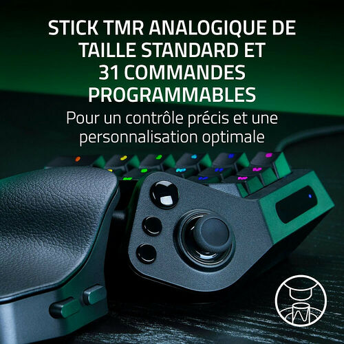 Manette de jeu avec stick analogique TMR, boutons programmables et éclairage RGB, conçue pour un contrôle précis.