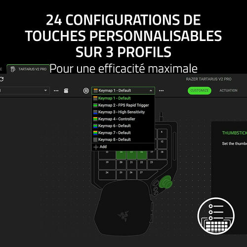 Interface logicielle Razer Tartarus V2 Pro affichant une liste de profils de touches personnalisables, permettant de configurer jusqu'à 24 configurations sur 3 profils différents.