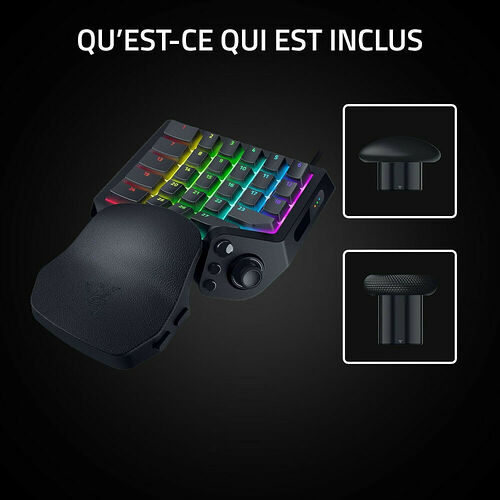 Un pavé numérique Razer avec éclairage RGB multicolore, accompagné de deux capuchons de remplacement pour le joystick.