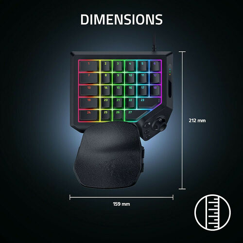 Dimensions d'un pavé numérique gaming avec éclairage RGB, mesurant 212 mm de longueur et 159 mm de largeur.