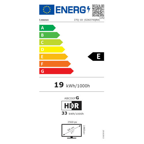 Étiquette d'efficacité énergétique pour un écran Lenovo, classé en catégorie E avec une consommation de 19 kWh/1000h. L'écran affiche une résolution de 2560 px par 1440 px pour une diagonale de 27 pouces.
