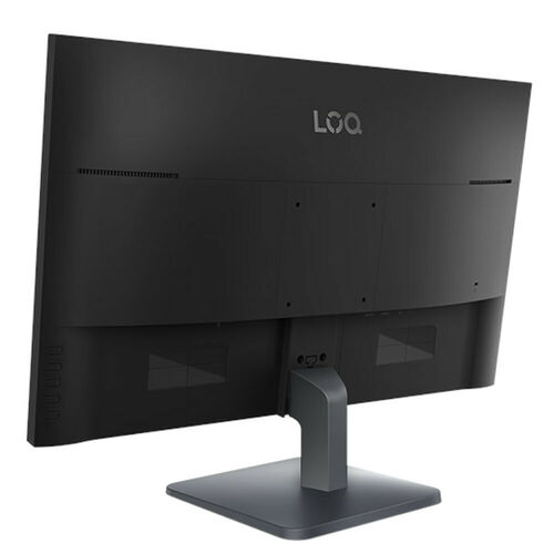 L'arrière d'un écran de jeu Lenovo LOQ noir avec son pied de support.