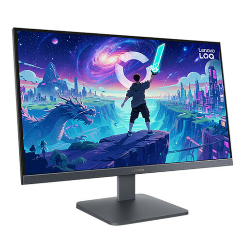 Écran de PC Lenovo LOQ affichant une illustration fantastique d'un personnage face à un dragon dans un paysage futuriste.