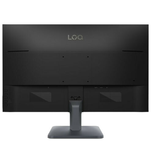 L'arrière d'un écran de PC Lenovo LOQ noir, montrant le pied de support et les ports de connexion sur le côté gauche.