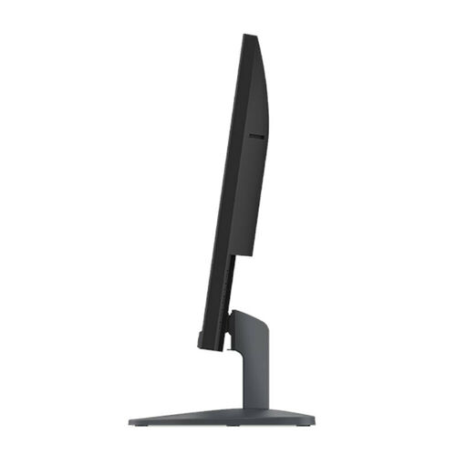 Écran d'ordinateur noir de profil, montrant une dalle fine sur un pied de support minimaliste.