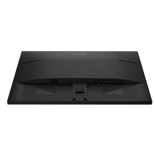 L'arrière d'un écran de PC Lenovo noir montrant le pied de support et les ports de connexion.