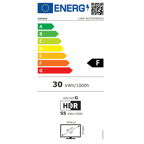 Étiquette d'efficacité énergétique pour un écran Lenovo, classé en catégorie F avec une consommation de 30 kWh/1000h. L'écran affiche une résolution de 3440 px et une diagonale de 34 pouces.