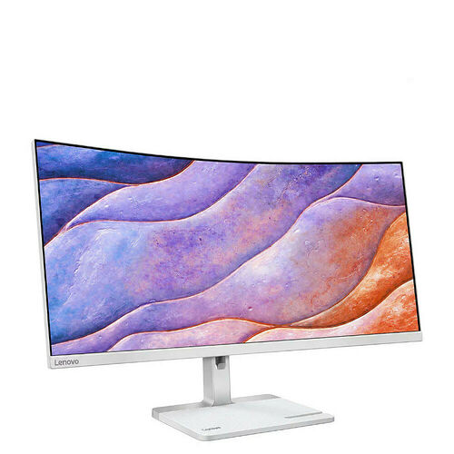 Écran incurvé Lenovo avec un fond d'écran abstrait aux nuances de violet et d'orange. L'écran possède des bordures fines et un pied argenté.