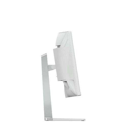 Écran d'ordinateur blanc avec un pied de support fin et minimaliste, présenté de profil sur un fond blanc.