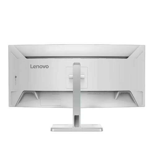 Écran PC Lenovo blanc avec un pied de support central et un design incurvé.