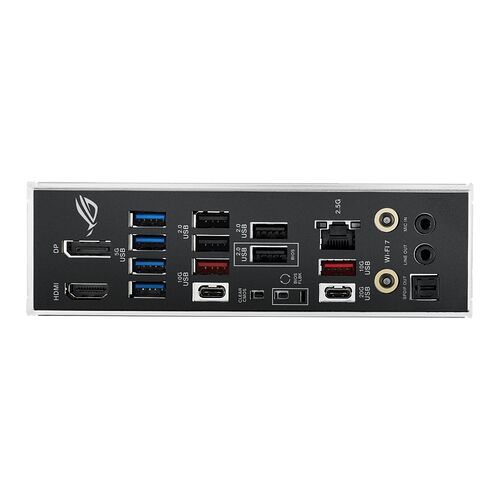 L'arrière-plan d'une carte mère ASUS avec divers ports de connexion : ports USB, HDMI, DisplayPort, connecteurs audio et port Ethernet 2.5G.
