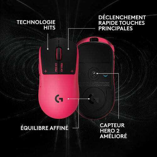 Souris Logitech G Pro X 3 de couleur rose et noire, mettant en avant sa technologie de déclenchement rapide et son capteur HERO 2 amélioré.