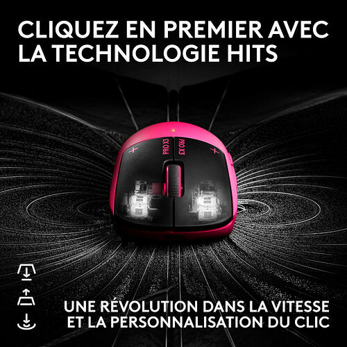 Souris gaming Logitech Pro X 3 de couleur rose et noire, présentée avec des effets de lumière circulaires sur un fond sombre.