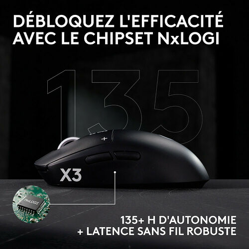 Souris sans fil noire avec le chipset NxLOGI, affichant une autonomie de plus de 135 heures et une faible latence.