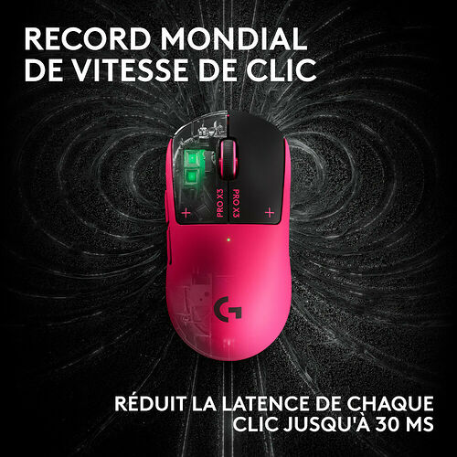 Une souris gaming Logitech de couleur rose vif, présentée sur un fond noir avec des effets de mouvement circulaires. Le texte indique une réduction de la latence de clic jusqu'à 30 ms.