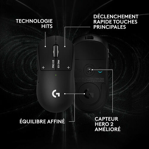 Souris Logitech G Pro X Superlight noire montrant sa vue de dessus et sa vue de dessous, mettant en avant son capteur HERO 2 et sa technologie de clic rapide.
