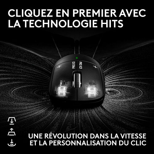 Une souris Logitech noire mettant en avant la technologie de clic HITS, avec des illustrations montrant les composants internes et des ondes de vitesse.