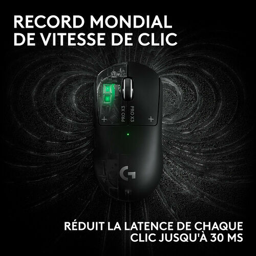 Souris Logitech G Pro X 3 noire avec un éclairage LED vert, présentée sur un fond sombre avec des effets de vitesse.
