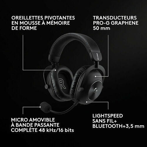 Casque gaming Logitech avec micro amovible, oreillettes pivotantes en mousse à mémoire de forme et connexion sans fil Lightspeed ou Bluetooth.