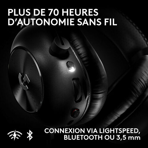 Casque sans fil Logitech avec une autonomie de plus de 70 heures. Il propose une connexion via Lightspeed, Bluetooth ou un câble 3,5 mm.