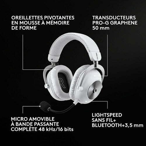 Casque gaming Logitech blanc avec micro amovible, doté d'oreillettes pivotantes en mousse à mémoire de forme et d'une connexion sans fil Lightspeed ou Bluetooth.