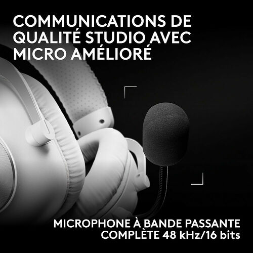 Casque blanc avec un microphone intégré muni d'une mousse de protection noire pour des communications de qualité studio.