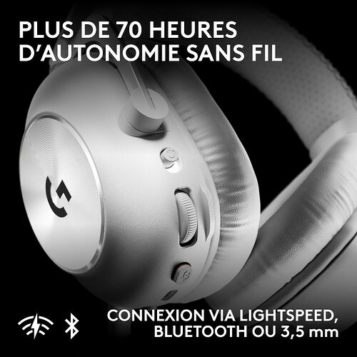 Casque Logitech blanc offrant plus de 70 heures d'autonomie sans fil. Il propose une connexion via Lightspeed, Bluetooth ou un câble 3,5 mm.