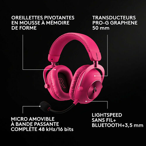 Casque gaming rose Logitech avec micro amovible, oreillettes pivotantes en mousse à mémoire de forme et connexion sans fil Lightspeed ou Bluetooth.