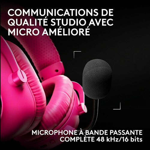 Casque gamer rose avec un micro intégré muni d'une bonnette en mousse noire pour des communications de qualité studio.