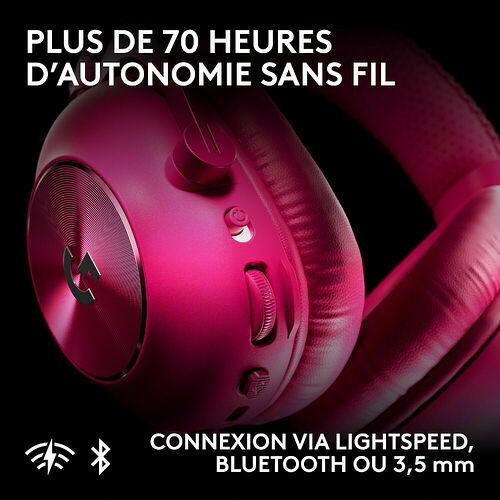 Casque sans fil rose offrant plus de 70 heures d'autonomie, avec une connexion via Lightspeed, Bluetooth ou câble 3,5 mm.
